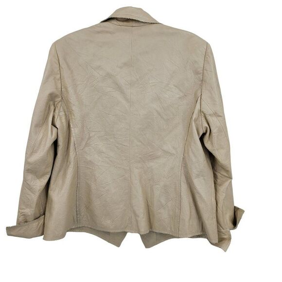 Vintage 90s Anne Klein Retro 70s Leather Jacket 1X Champaign Frayed Edges Button - Picture 2 of 14